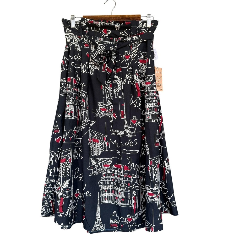 HER Destiny Skirt Womens Large Blue Paris City Print A-Line Midi Bow Waist